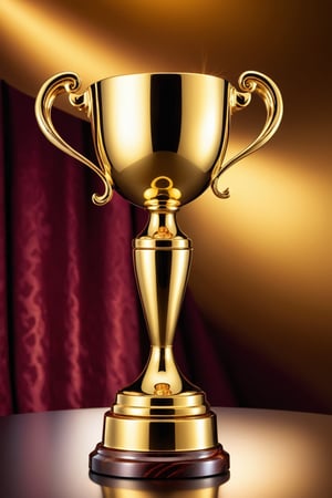 a shiny golden trophy, detailed engravings, polished surface, intricate patterns, masterful craftsmanship, intricate details, fine-textured base, gleaming lights, vibrant colors, realistic shadows and highlights, bokeh effect, Studio lighting, HDR, high-res, best quality, vivid colors, golden glow, glossy finish, lifelike reflections, triumph, achievement