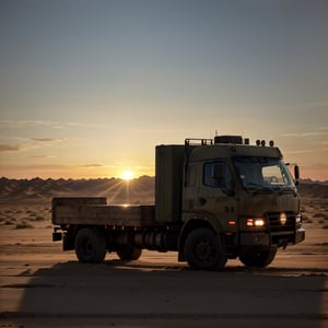 (military cargo truck v3s:1.1)  volumetric lights, mist, cinematic, desert snow, sunrise, sun low