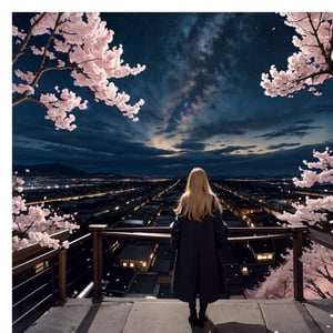 １people々々々々,blonde long hair,long coat,silhouette, Rear view,space sky, milky way, anime style, cherry blossoms,夜cherry blossoms,Cherry blossoms fluttering all around,Night view of the city from the mountainside,