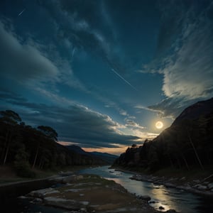 A night sky with a bright full moon shining down on a vast river