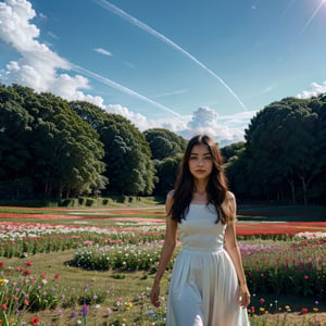 There is a girl standing in a flower field looking up at the sky, a girl standing in a flower field, a girl walking in a flower field, lost in a dreamy wonderland, standing in a flower field, fantastic digital painting, the sky gradually clears, the starry sky gradually recedes