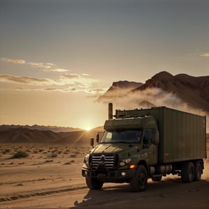 (military cargo truck v3s:1.1)  volumetric lights, mist, cinematic, desert snow, sunrise, sun low