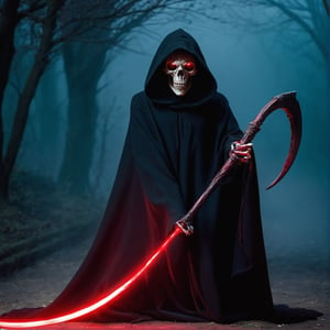 "(best quality,highres,realistic:1.37),dark,ominous,gloomy,grim,lifeless,hooded figure,scythe,glowing red eyes,ethereal mist,dark cloak,creepy,detailed anatomy,shadowy background,sinister aura,spectral,otherworldly presence,haunting,death personified,silent and solemn,majestic,mythical,seemingly floating,monochrome color palette,low-key lighting"