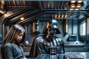 Angry Darth Vader sits next to his Black daughter in her ship's quarters,crew quarters, spaceship, star wars, Darth Vader
,<lora:659111690174031528:1.0>