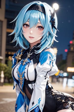 1girl, blue hair, short hair, black thighhighs, hairband, bangs, symmetry eyes, cityscape, night, detailed face, medium breasts, (looking at viewer:1.2), black kneehighs, pantyhose, smooth chin, (ulzzang-6500:0.7), (smile:0.9), (upper body:1.2), closed mouth, game cg, rendering, (photorealistic:1.2), 