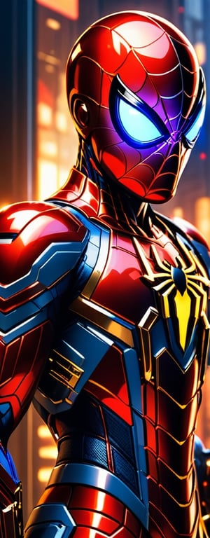 Angry spiderman mecha robo soldier character, anthropomorphic figure, wearing futuristic mecha soldier armor and weapons, reflection mapping, realistic figure, hyperdetailed, cinematic lighting photography, 32k uhd with a golden staff, red lighting on suit, 

By: panchovilla,mecha