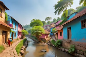 Picture a peaceful old indian village nestled amidst lush greenery, with colorful houses lining the cobblestone streets. The gentle flow of the river adds to the serene atmosphere, reflecting the clear blue sky above. Children can be seen playing in the streets, their laughter echoing through the air.