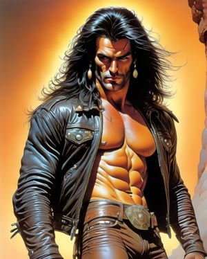 1 male, pale skin, long black hair, brown eyes, fit body, leather jacket, leather jeans, black t-shirt.. art style by Boris Vallejo