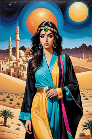 Saudi Arabia, psychedelia, the Arab Desert, masterpiece, best quality, detailed,PoP art,more detail XL,artistic oil painting stick,retro artstyle,rayearth,night city