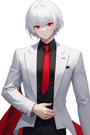 Man alone, with a white suit, black shirt, red tie, white hair, red eyes, white background, front view, half body.
