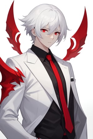Man alone, with a white suit, black shirt, red tie, white hair, red eyes, white background, front view, half body.