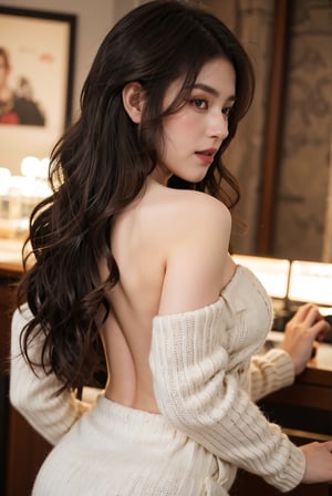 long hair, ((nude breasts)), smile, blue eyes,1 girl, brown hair, black hair, closed mouth, collarbone, closed one eye, upper body, off shoulder, sweater, lips, holding hands, realistic, white sweater, off-shoulder sweater, on the downtown street, from above, back view, nude back

masterpiece,1girl, (aerial photography), (mature female:0.5), tall body,golden proportions,(Kpop idol),(shiny skin:1.2),(oil skin:0.5),makeup,(close up), depth of field,(smile:0.5),((long wavy brown hair)),(puffy eyes),(eyelashes:1.1),(parted lips:1.1),red lipstick,fantasy art style,dreamy light, perfect body,(dusk:1.2), tyndall effect,highres,(standing in the bar:0.8),(big breasts:1.76), (real hands), ((nude)),(((finger_5))), 