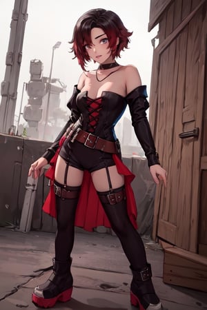A full body Photograph with realistic style portrays a sexy Ruby Rose from the anima RWBY.  

Ruby is a fair-skinned young girl with silver eyes and neck-length black hair with red tips. She has small breasts.

she wears a black dress consisting of a long-sleeved blouse with a high collar and red trim on the sleeves, over which is a black waist cincher with red lacing up the front, and a matching skirt with red lining and a red petticoat. She also wears a pair of thick black tights that fade to red near the bottom, and black combat boots with red laces, red trims around the top, and red soles.

Her outfit is topped by a red hooded cloak fastened to her shoulders by cross-shaped pins. Her emblem appears as a large silver buckle on her wide black belt, which is slung around her hips on an angle. Attached to her belt are a pocket and a row of bullets.