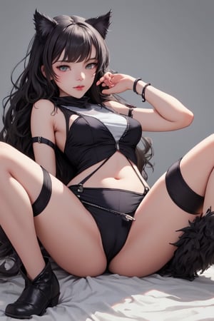 Photograph with realistic style portrays a sexy Blake Belladonna from the anime RWBY. She has medium breasts.
Blake is a fair-skinned young woman with wavy black hair and amber eyes. Her Faunus trait is a pair of black cat ears on top of her head.
During her attendance at Beacon, she wears a black, buttoned vest with coattails and a single silver button on the front. Underneath this is a white, sleeveless, high necked, crop undershirt and tight white spandex compression shorts that reach her upper thighs with a zipper on the front of each leg, emblazoned with the YKK logo of the real-life Japanese zipper manufacturer.
She also wears black low-heeled boots and full stockings with a color gradation of black to purple at her ankles. Her emblem is visible on the outside of both thighs just below her shorts in white. On her left arm is a black detached sleeve with a silver cuff around her bicep, and black ribbons are wrapped around both forearms. A small, loose, black scarf is wrapped around her neck, and a gray magnetic backpack is strapped to her back, hidden by her hair. She often keeps her weapon attached to the magnetic backpack when she is not using it.
A black ribbon is tied with a large bow on the top of her head, with her cat ears hidden inside the loops. She wears purple eye shadow in cats eye style.,blake_belladonna