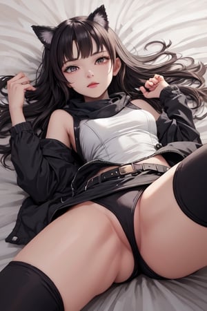 ((Above Shot:1.2)), Photograph with realistic style portrays a sexy Blake Belladonna from the anime RWBY. She has medium breasts.
Blake is a fair-skinned young woman with wavy black hair and amber eyes. Her Faunus trait is a pair of black cat ears on top of her head.
During her attendance at Beacon, she wears a black, buttoned vest with coattails and a single silver button on the front. Underneath this is a white, sleeveless, high necked, crop undershirt and tight white spandex compression shorts that reach her upper thighs with a zipper on the front of each leg, emblazoned with the YKK logo of the real-life Japanese zipper manufacturer.
She also wears black low-heeled boots and full stockings with a color gradation of black to purple at her ankles. Her emblem is visible on the outside of both thighs just below her shorts in white. On her left arm is a black detached sleeve with a silver cuff around her bicep, and black ribbons are wrapped around both forearms. A small, loose, black scarf is wrapped around her neck, and a gray magnetic backpack is strapped to her back, hidden by her hair. She often keeps her weapon attached to the magnetic backpack when she is not using it.
A black ribbon is tied with a large bow on the top of her head, with her cat ears hidden inside the loops. She wears purple eye shadow in cats eye style.,blake_belladonna