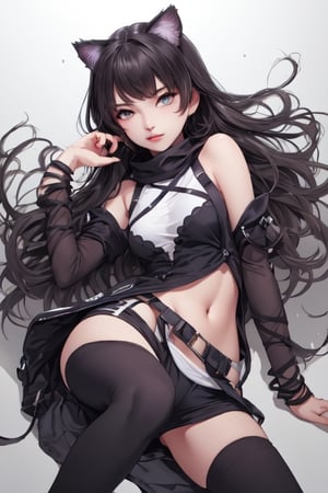 Photograph with realistic style portrays a sexy Blake Belladonna from the anime RWBY. She has medium breasts.
Blake is a fair-skinned young woman with wavy black hair and amber eyes. Her Faunus trait is a pair of black cat ears on top of her head.
During her attendance at Beacon, she wears a black, buttoned vest with coattails and a single silver button on the front. Underneath this is a white, sleeveless, high necked, crop undershirt and tight white spandex compression shorts that reach her upper thighs with a zipper on the front of each leg, emblazoned with the YKK logo of the real-life Japanese zipper manufacturer.
She also wears black low-heeled boots and full stockings with a color gradation of black to purple at her ankles. Her emblem is visible on the outside of both thighs just below her shorts in white. On her left arm is a black detached sleeve with a silver cuff around her bicep, and black ribbons are wrapped around both forearms. A small, loose, black scarf is wrapped around her neck, and a gray magnetic backpack is strapped to her back, hidden by her hair. She often keeps her weapon attached to the magnetic backpack when she is not using it.
A black ribbon is tied with a large bow on the top of her head, with her cat ears hidden inside the loops. She wears purple eye shadow in cats eye style.,blake_belladonna