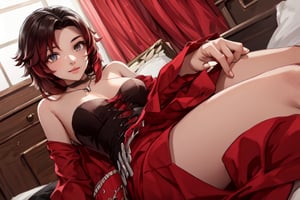 ((Close Up)),  Photograph with realistic style portrays a sexy Ruby Rose from the anima RWBY.  

Ruby is a fair-skinned young girl with silver eyes and neck-length black hair with red tips. She has small breasts.

she wears a black dress consisting of a long-sleeved blouse with a high collar and red trim on the sleeves, over which is a black waist cincher with red lacing up the front, and a matching skirt with red lining and a red petticoat. She also wears a pair of thick black tights that fade to red near the bottom, and black combat boots with red laces, red trims around the top, and red soles.

Her outfit is topped by a red hooded cloak fastened to her shoulders by cross-shaped pins. Her emblem appears as a large silver buckle on her wide black belt, which is slung around her hips on an angle. Attached to her belt are a pocket and a row of bullets.