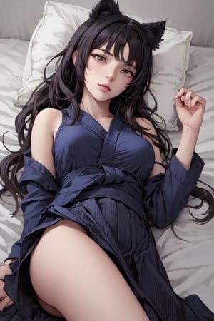 (Long Shot:1.4)), Photograph with realistic style portrays a sexy Blake Belladonna from the anime RWBY. She has medium breasts.
Blake is a fair-skinned young woman with wavy black hair and amber eyes. Her Faunus trait is a pair of black cat ears on top of her head.
Blake's pajamas are a black, long-sleeved, Yukata style shirt with white edging over a purple undershirt and a matching skirt. A black obi is wrapped around her waist and tied with a black and white string. While at Beacon, she wears her bow while sleeping