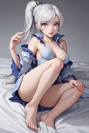 Weiss Schnee
(Long Shot:1.4)), Photograph with realistic style portrays a sexy Weiss Schnee from the anime RWBY. She has tiny breasts.
Weiss is a pale-skinned woman with pale blue eyes and long white hair that is often pulled back into an off-center ponytail or braid on the right side and pinned with a silver, icicle-shaped tiara. She stands at 4' 11" (1.5 meters), but typically wears heels that raise her height to 5' 3" (1.6 meters). Weiss has a scar which runs vertically down her left eye and face.
Weiss' pajamas consist of a faded blue nightgown with short sleeves and white trim and display the Schnee Crest on the upper-right chest. She also wears her hair down.,weiss_schnee