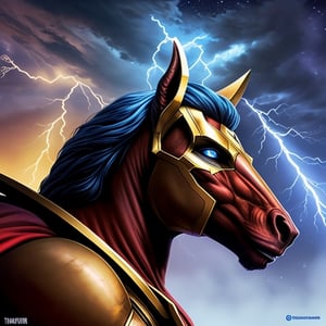 Image of good quality, perfect resolution, wonderful, incredible, highly seductive, all types of colors Marvel character, Thor on horseback, with dazzling blue flashes, character is in profile next to Thor's hammer, looking at the sky with lightning-blue eyes In the background the planet Mars over a beautiful galaxy