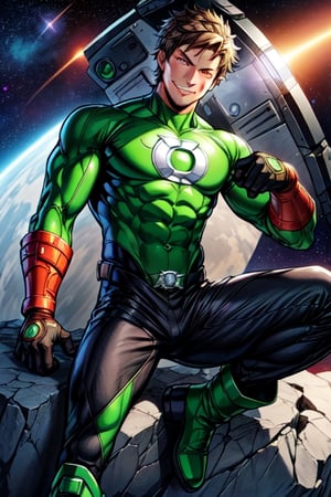 Laios Touden,Asch_Albright, green lantern from DC Comics, green suit, black pants, green boots, whites gloves, Ring symbol on chest, brown hair, highly detailed, high quality, masterpiece, medium short shot, beautiful, boy, alone, sensual pose, happy face, detailed background, outer space, muscular