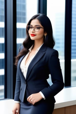 red lips, beautiful girl, wearing suit, cleavage, beautiful eyes, jawline, black long hair, black eyes, full body, realistic, looking out of office window, cute smile,  bindi, beautiful hands, wearing spects