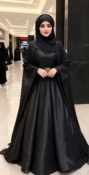 High quality, 8K quality,  full body covered with Charcoal Black abaya gown,  Charcoal Black Hijab wearing busty girl, 20yo, elegant look, beautiful face, beautiful eyes, arabian girl, full_body, smile, in the mall,