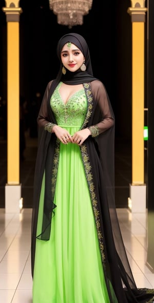 High quality, 8K quality,  full body covered with neon Green gown,  Black Hijab wearing, busty girl, 20yo, elegant look, beautiful face, beautiful eyes, arabian girl, full_body, smile, in the mall,