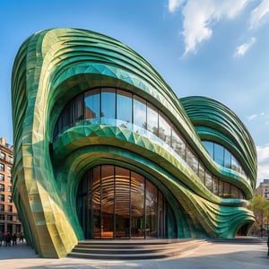 wide viewing angle of a green palette hyper realistic futuristic neocosmic luxury exterior architecture of a complex lines Fluid facade of a complex in a shape of stones waves spectrum, Antoni Gaudi style, dramatic ambience, in new york city,hyper detailed,
wide tonal scale,Building