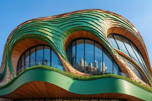 wide viewing angle of a green palette hyper realistic futuristic neocosmic luxury exterior architecture of a complex lines Fluid facade of a complex in a shape of stones waves spectrum, Antoni Gaudi style, dramatic ambience, in new york city,hyper detailed,
wide tonal scale,Building