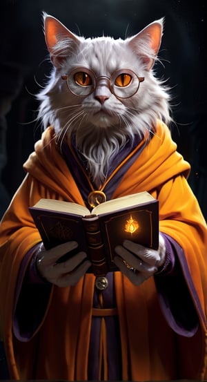 distopian art, illustration, a old cat mage, wearing orange yellow outfit, holding a magic book, fearful, wrathful orange eyes, wearing Harry Potter glasses, dark atmosphere
