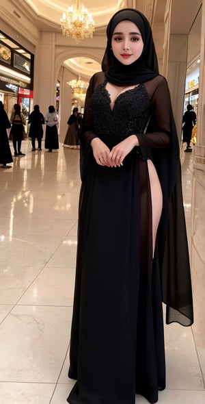 High quality, 8K quality,  full body covered with Black gown,  Black Hijab wearing busty girl, 20yo, elegant look, beautiful face, beautiful eyes, arabian girl, full_body, smile, in the mall,