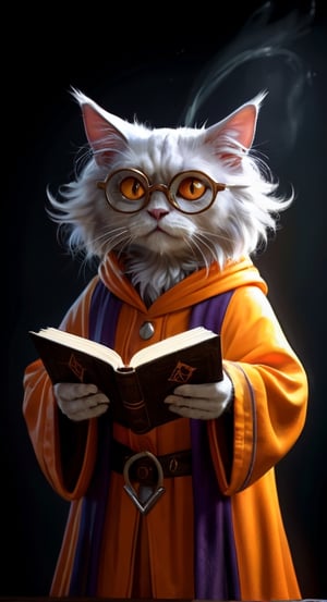 distopian art, illustration, a old cat mage, wearing orange yellow outfit, holding a magic book, fearful, wrathful orange eyes, wearing Harry Potter glasses, dark atmosphere