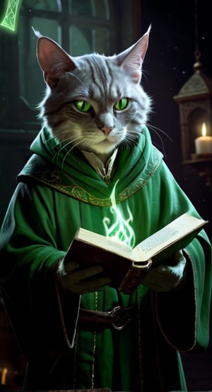 distopian art, illustration, a old cat mage, holding a magic book, fearful, wrathful green eyes, dark atmosphere