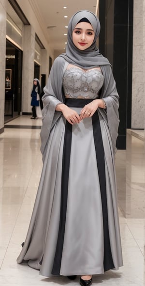 High quality, 8K quality,  full body covered with Grey gown,  Grey Hijab wearing busty girl, 20yo, elegant look, beautiful face, beautiful eyes, arabian girl, full_body, smile, in the mall,