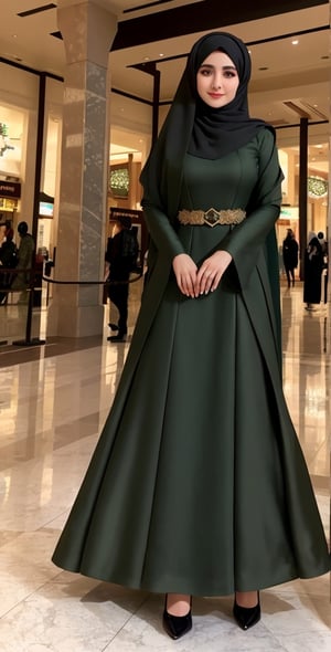 High quality, 8K quality,  full body covered with military Green abaya gown,  military green Hijab wearing busty girl, 20yo, elegant look, beautiful face, beautiful eyes, arabian girl, full_body, smile, in the mall,