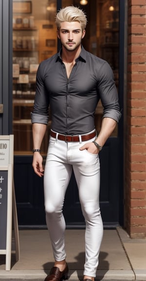 Mater Piece, High Quality image, 26 yo boy, Short Hair, blond white Hair. Ice blue eyes with grey shine iris, small beard. elegant look Man, White hanley shirt and black Jeans pant, standing in the street at front of coffee shop, Man,Asian Model
