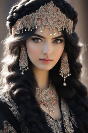 Beautiful anime girl, woman dressed in beautiful traditional Central Asian ethnic attire adorned with intricate embroidery, styled in a Gothic fashion. Her outfit combines the opulent designs and refined style, showcasing a fusion of Central Asian culture with Gothic elements. Her appearance exudes a charmingly eccentric and captivating vibe, resembling that of medieval nobility.,DonMM1y4XL