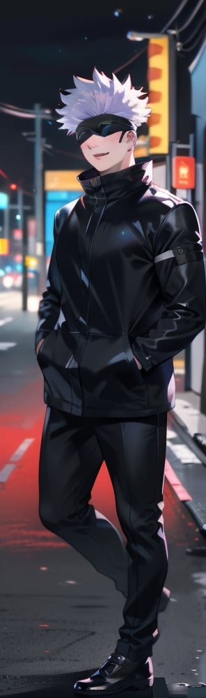 ((full body)), large_muscles, Gojo Satoru, focus male, black jacket, blindfolded, Jujutsu kaisen, mix of fantasy and realism, special effects, fantasy, ultra hd, hdr, 4k, realhands, neutral smile face, perfect, abandon city, blur lights, (realistic, realistic skin texture:1.2), (natural skin texture, hyperrealism, soft light, sharp), 