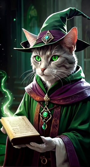 distopian art, illustration, a old cat mage, holding a magic book, fearful, wrathful green eyes, dark atmosphere