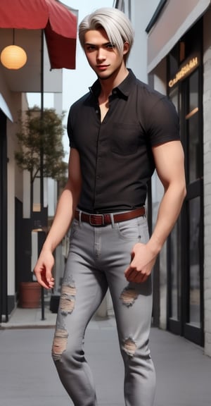 Mater Piece, High Quality image, 26 yo boy, Short Hair, blond white Hair. Ice blue eyes with grey shine iris, small beard. elegant look Man, White hanley shirt and black Jeans pant, standing in the street at front of coffee shop, Man,Asian Model