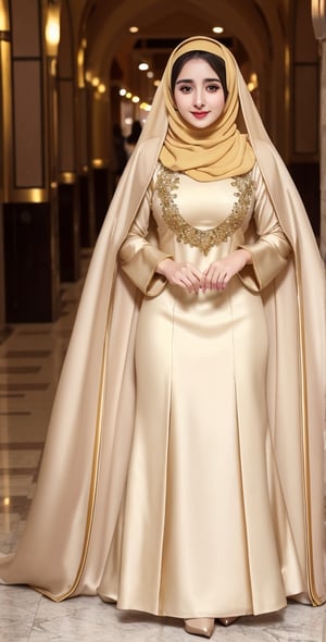 High quality, 8K quality,  full body covered with Beige yellow abaya gown,  beige yellow Hijab wearing busty girl, 20yo, elegant look, beautiful face, beautiful eyes, arabian girl, full_body, smile, in the mall,