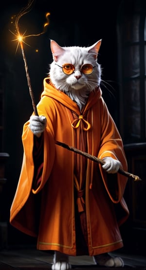 distopian art, illustration, a old cat mage, wearing orange yellow outfit, holding a magic wand, fearful, wrathful orange eyes, wearing Harry Potter glasses, dark atmosphere