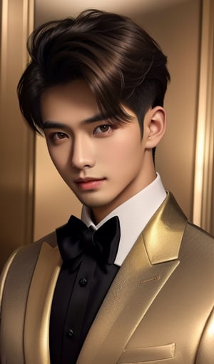 Short Hair, hazel Brown eyes, small beard. wearing golden and Silver prince suit ,Asian Model,Portrait,Test Model,handsome male,Princess