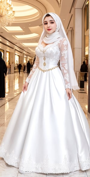 High quality, 8K quality,  full body covered with white gown,  White Hijab wearing busty girl, 20yo, elegant look, beautiful face, beautiful eyes, arabian girl, full_body, smile, in the mall,