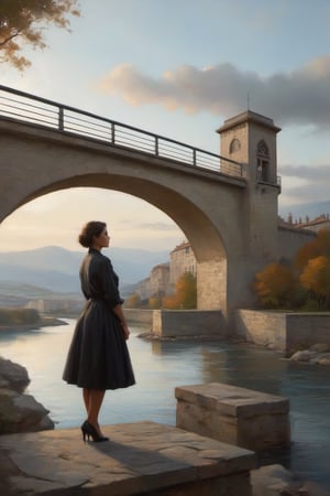 /imagine a young woman standing on a bridge, gazing out at the scenic landscape, as someone watches her from the window of a building above. Soft, warm lighting illuminates the scene, creating a pensive, contemplative mood. The woman's expression is thoughtful as she takes in the view, while the observer remains a subtle presence, their gaze adding a sense of connection across the physical divide. The composition emphasizes the juxtaposition of the two perspectives, with the bridge and architecture framing the central figure. Cinematic, high-resolution, detailed,painted world
