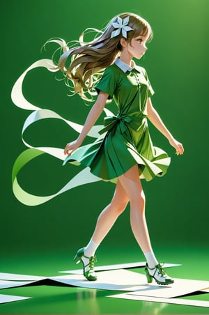 A girl gracefully walking on a surface that can be formed by attaching the ends of a strip of paper together with a half-twist, defying conventional geometry. Soft lighting highlights the elegant movement and the peculiar nature of the mathematical surface. ,green theme,masterpiece,Nature,anime,outline
