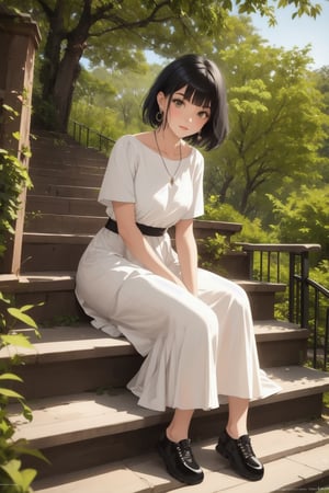 1girl, solo, looking at viewer, short hair, bangs, black hair, dress, jewelry, sitting, full body, short sleeves, earrings, outdoors, day, black footwear, white dress, tree, watermark, long skirt, stairs, realistic, sitting on stairs,wrenchmicroarch,treehouse