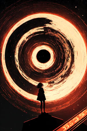 A girl standing on a circle plane, surrounded by an infinity of irrational numbers π, 3.14, glowing softly in the dark, casting mysterious shadows on the ground, with the numbers spiraling upward towards the sky, creating an otherworldly and surreal atmosphere, in a digital art style reminiscent of Escher’s mathematical illustrations.