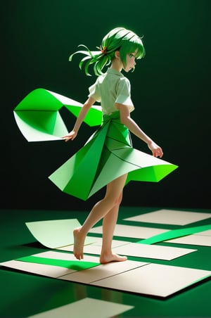 A girl gracefully walking on a surface that can be formed by attaching the ends of a strip of paper together with a half-twist, defying conventional geometry. Soft lighting highlights the elegant movement and the peculiar nature of the mathematical surface. ,green theme,masterpiece,Nature,anime